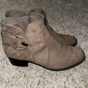 UNISA Faux Suede Taupe Ankle Boot Womens Low Heel Casual Buckle Bootie